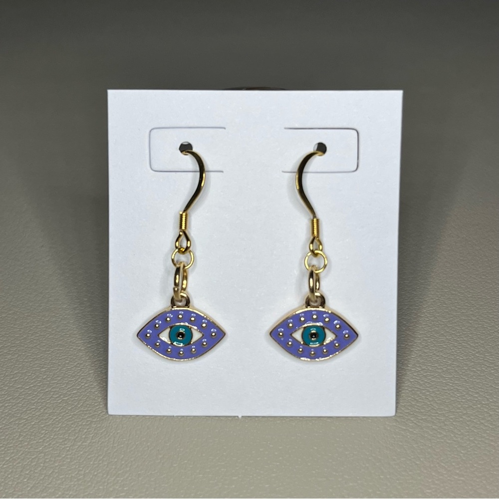 18k Gold Plated Evil Eye Earring, Purple and Green - Handmade - Enamel Charm
